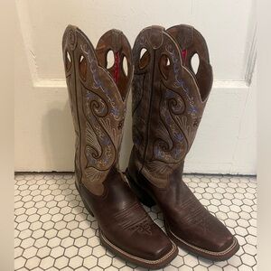 Tony Lama Brown Western Boots with Blue Embroidery RR2016L